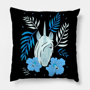 Unicorn and Blue Hibiscus Flower and Tropical Leaves Pillow