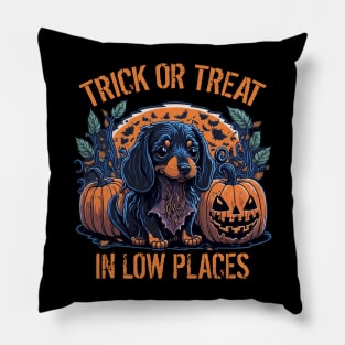 Cute Puppy Dachshund Lover Halloween Trick or Treat In Low Places Pillow