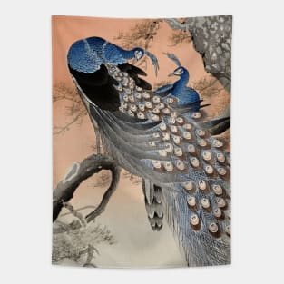 Two peacocks on tree branch by Ohara Koson Ukiyo-e Japanese art Tapestry