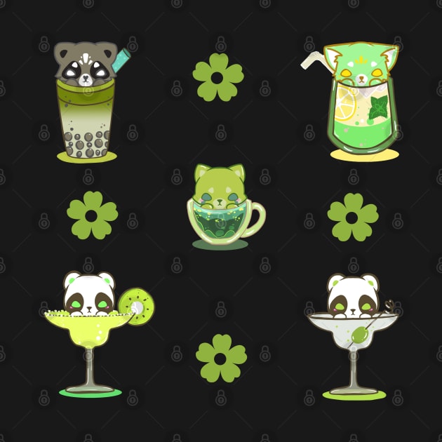 cat racoon boba tea Set Kawaii Drinks Stickers green drinks by astronauticarte