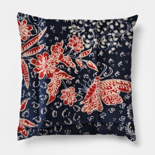 Indonesia handmade hand-drawn batik tulis red blue floral flower butterfly lasem Morcaworks Pillow