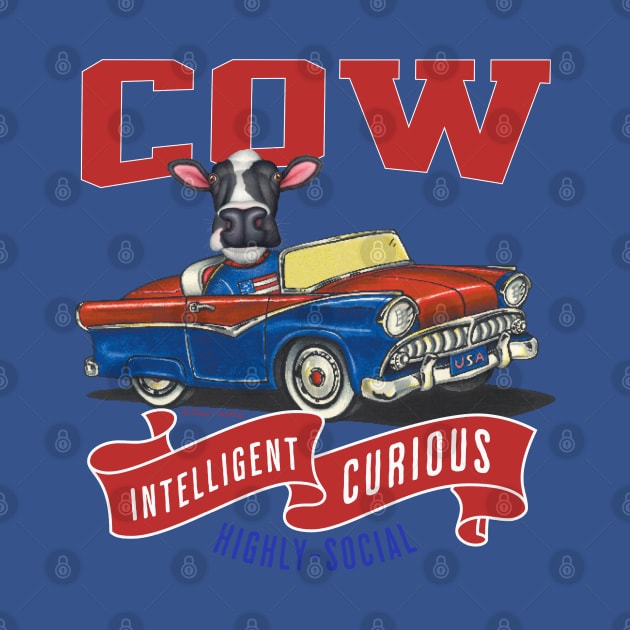 Funny and cute cow in a vintage classic retro car with red white and blue banner with personality traits tee by Danny Gordon Art