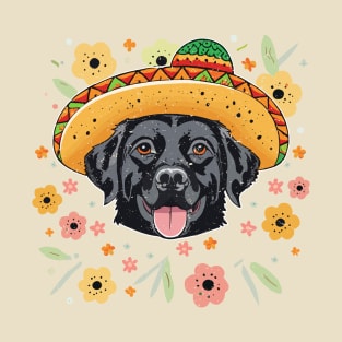 Black Labrador Ready For Fiesta Time Wearing Sombrero Design T-Shirt