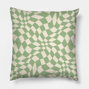 Green and Cream Distorted Warped Checkerboard Pattern II Pillow