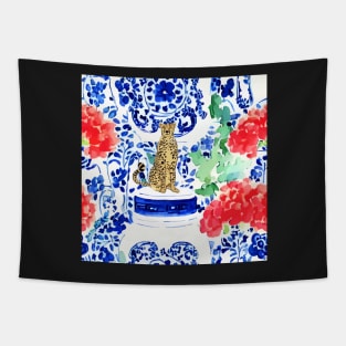 Cheetah and chinoiserie jars in blue and red Tapestry