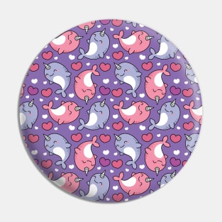 Cute Narwhal Pattern - Pink and Purple Hearts Pin