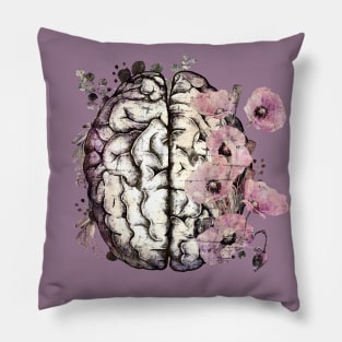 Brain with Pink poppy, psychology, mental health, front brain, vintage watercolor Pillow