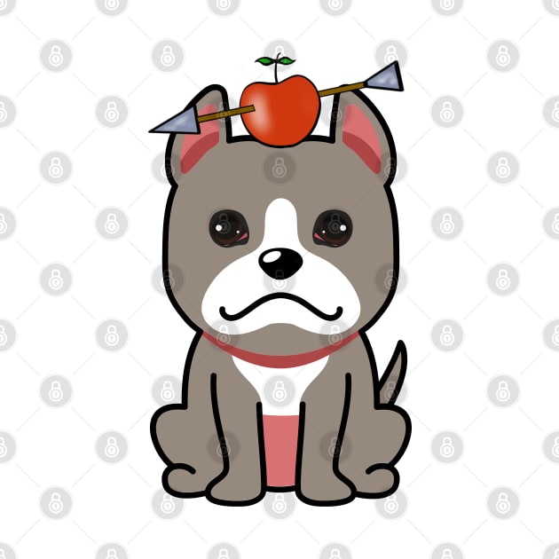 Cute grey dog has an apple and arrow on head by Pet Station