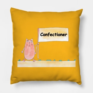 Confectioner. Profession, work, job. Cat shows a banner with the inscription. Watercolor illustration. A gift for a professional. Pillow