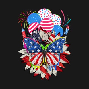 Colorful Sunflower America Flag 4th Of July Butterflies Patriotic T-Shirt