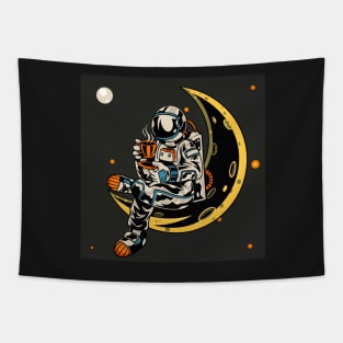 Astronaut sitting on the moon while holding a cup of coffee Tapestry