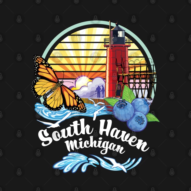 South Haven Michigan USA Lighthouse on South Beach Pier with Monarch Butterfly and Blueberries by SuburbanCowboy