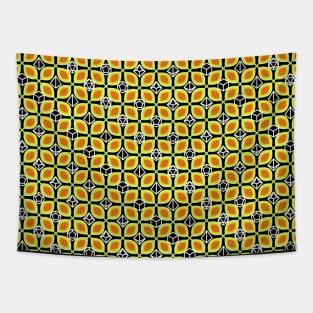 1970s Retro Inspired Polyhedral Dice Set and Leaf Seamless Pattern - Yellow Tapestry