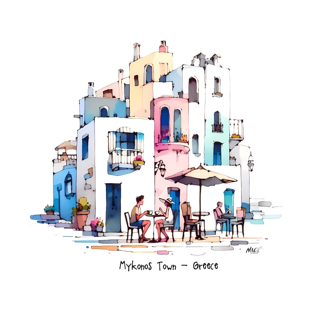 Grecian Getaway: Serene Mykonos Town Sketch | Watercolor Travel by Mad Monkey Creations