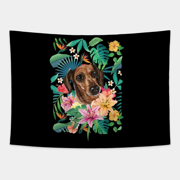 Tropical Brown Dachshund Doxie 2 Tapestry by LulululuPainting