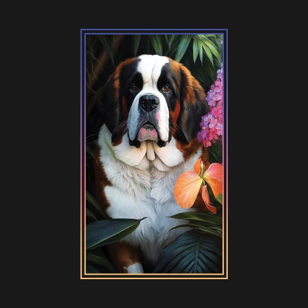 Saint Bernard Dog Vibrant Tropical Flower Tall Digital Oil Painting Portrait by ArtHouseFlunky