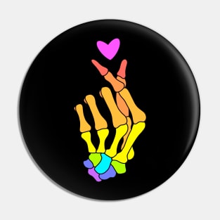 Rainbow Finger Heart Skeleton Hand Pin