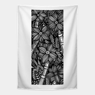 Forest Tree and Vines Pen and Ink Illustration Showing a Composition of Trees and Flower inside a Rectangle Tapestry