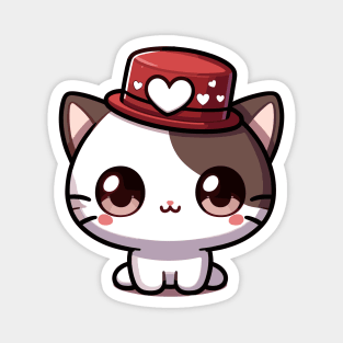 Charming Kawaii Valentine's Cat with Heart Top Hat Magnet