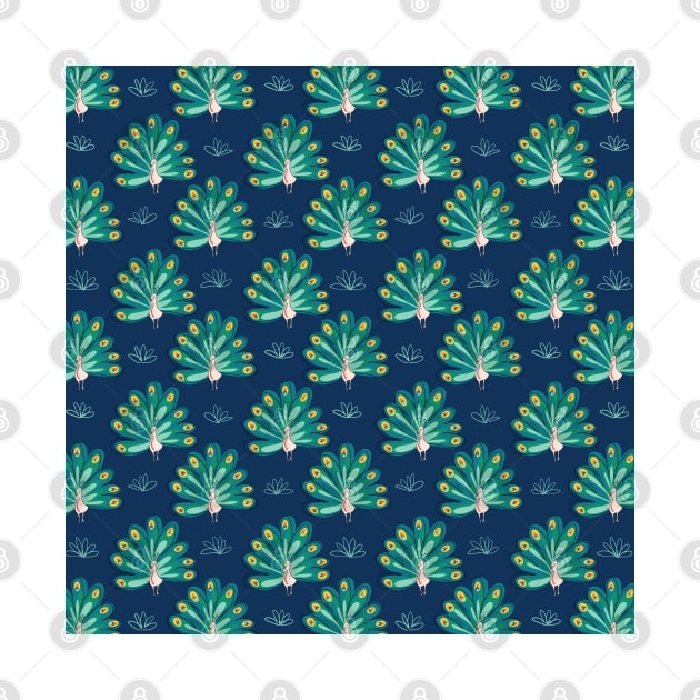 Peacocks  on Blue by Sandra Hutter Designs