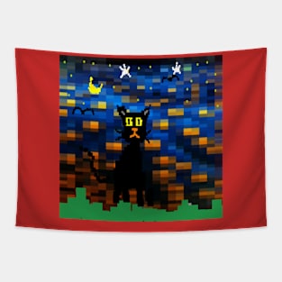 Pixel Night Cat Design on Red Background Tapestry