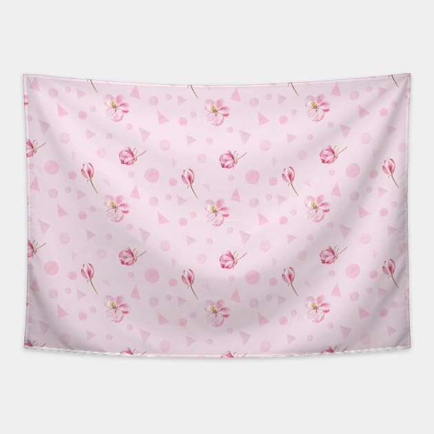 Spring apple blossom and geometric shapes on pink Tapestry by Flowersforbear