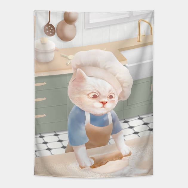 Cat In Chef Hat Rolling Dough at Kitchen Tapestry by zkozkohi