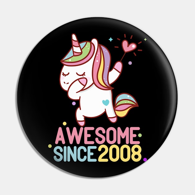 Awesome Since 2008 Dabbing Unicorn 12th Birthday Gift Pin by BeHappy12