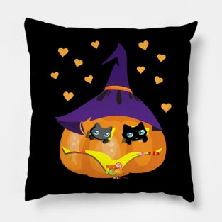 Halloween Black and Gray Cat in a Pumpkin House with Sweets Pillow
