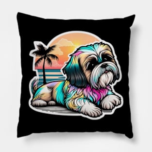 Retro Rainbow Shih Tzu Dog Beach Mom Lover Pillow