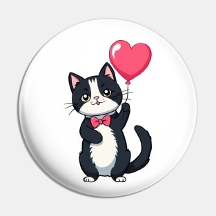 Tuxedo cat with a heart balloon Pin