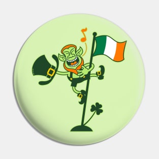 Saint Patrick's Day Leprechaun climbing an Irish flag pole and singing Pin