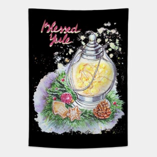 Blessed Yule: Watercolor winter solstice greeting Red letters Tapestry