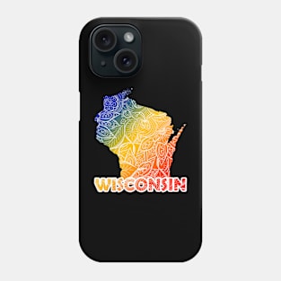 Colorful mandala art map of Wisconsin with text in blue, yellow, and red Phone Case