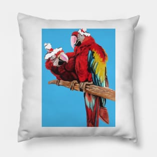 Christmas Macaw - Here Comes Santa Macaws! - on Blue Pillow