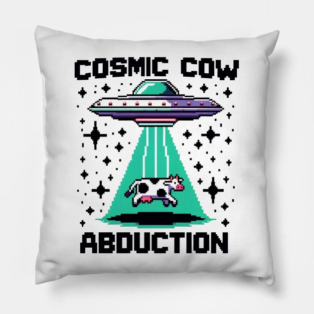 8-Bit Retro Alien Cow Abduction - Classic Video Game Style Design Pillow by Pixel Punkster