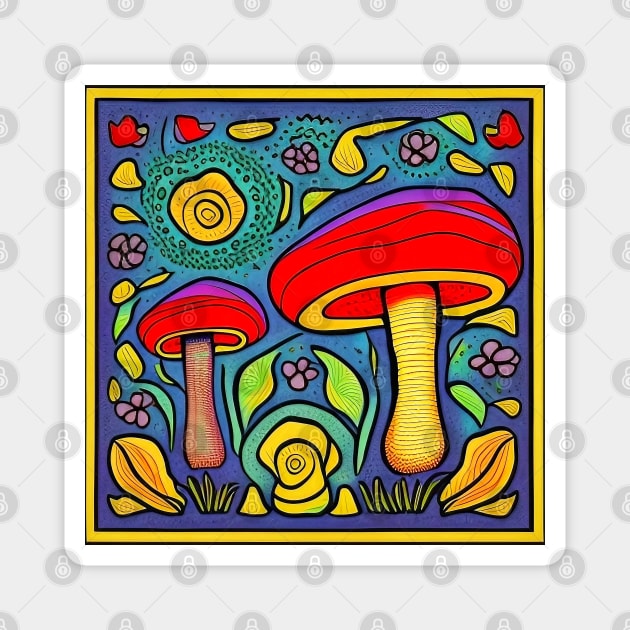 Colorful and Psychedelic Magic Mushroom Illustration Magnet by Davey's Designs