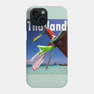 Thailand beach scene of a long tail boat on idyllic shores, typography. Phone Case