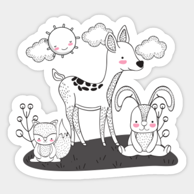 Forest Animals Drawing In Black And White Forest Animals Sticker Teepublic