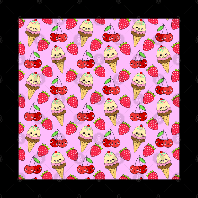 Cute funny sweet adorable happy Kawaii ice cream cones with sprinkles, little cherries and red ripe summer strawberries cartoon fantasy pastel pink pattern design by IvyArtistic