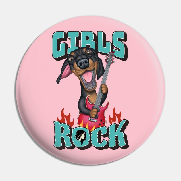 Fun Girls Rock with Dachshund Doxie Dog and guitar Pin by Danny Gordon Art