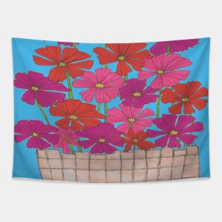 Bushel of Pink Cosmo flowers on a Blue Background Tapestry