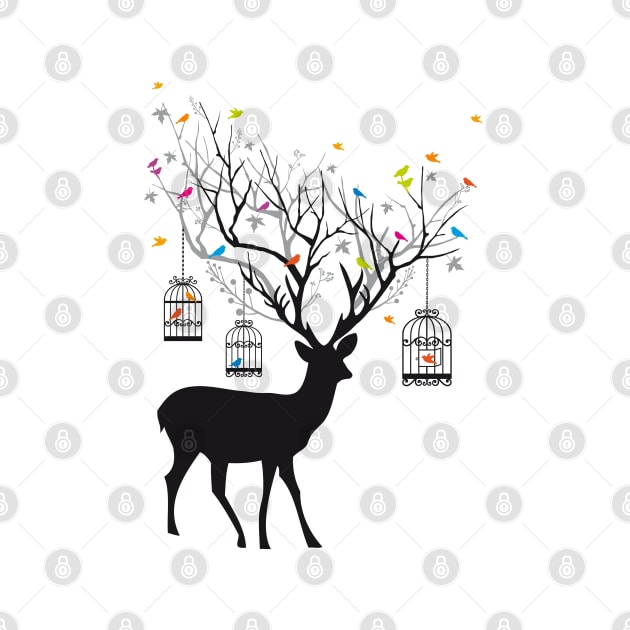 Deer with birds and birdcages by beakraus