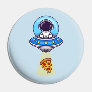 Cute Astronaut Catching Pizza With Ufo Cartoon Pin