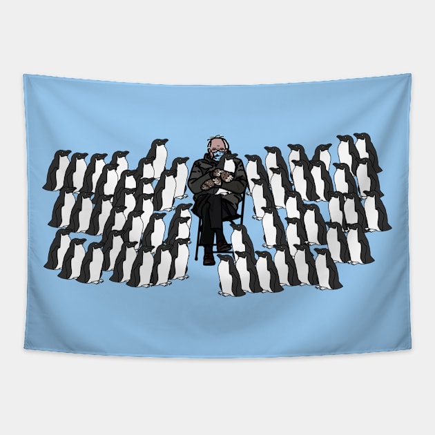 Penguins Line Up for a Bernie Sanders Memes Cuddle Tapestry by ellenhenryart