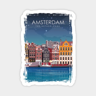 Amsterdam The Netherlands Travel Poster at Night Magnet