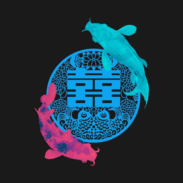 Double Happiness Koi Fish - Yoga Calm Vibe Turquoise and Pink by CRAFTY BITCH