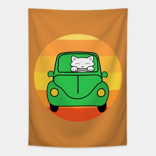 Cat driving a green car Tapestry