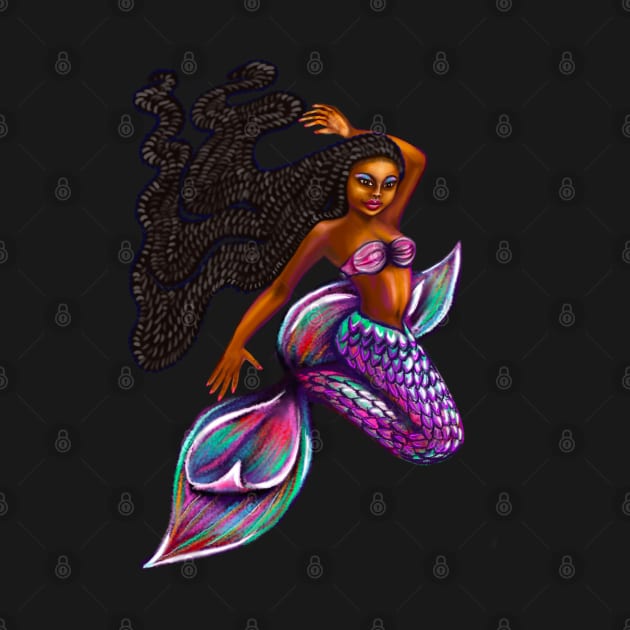 mermaid with flowing braids, brown eyes curly Afro hair and caramel brown skin. Black mermaid by Artonmytee