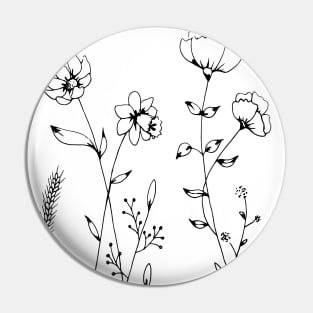 Simple Black and White Flowers and Leaves Design Pin